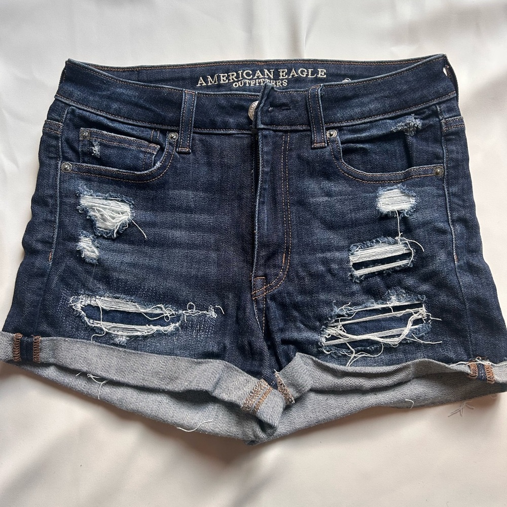 American Eagle Outfitters Women's Ripped Jean Shorts - Dark Blue